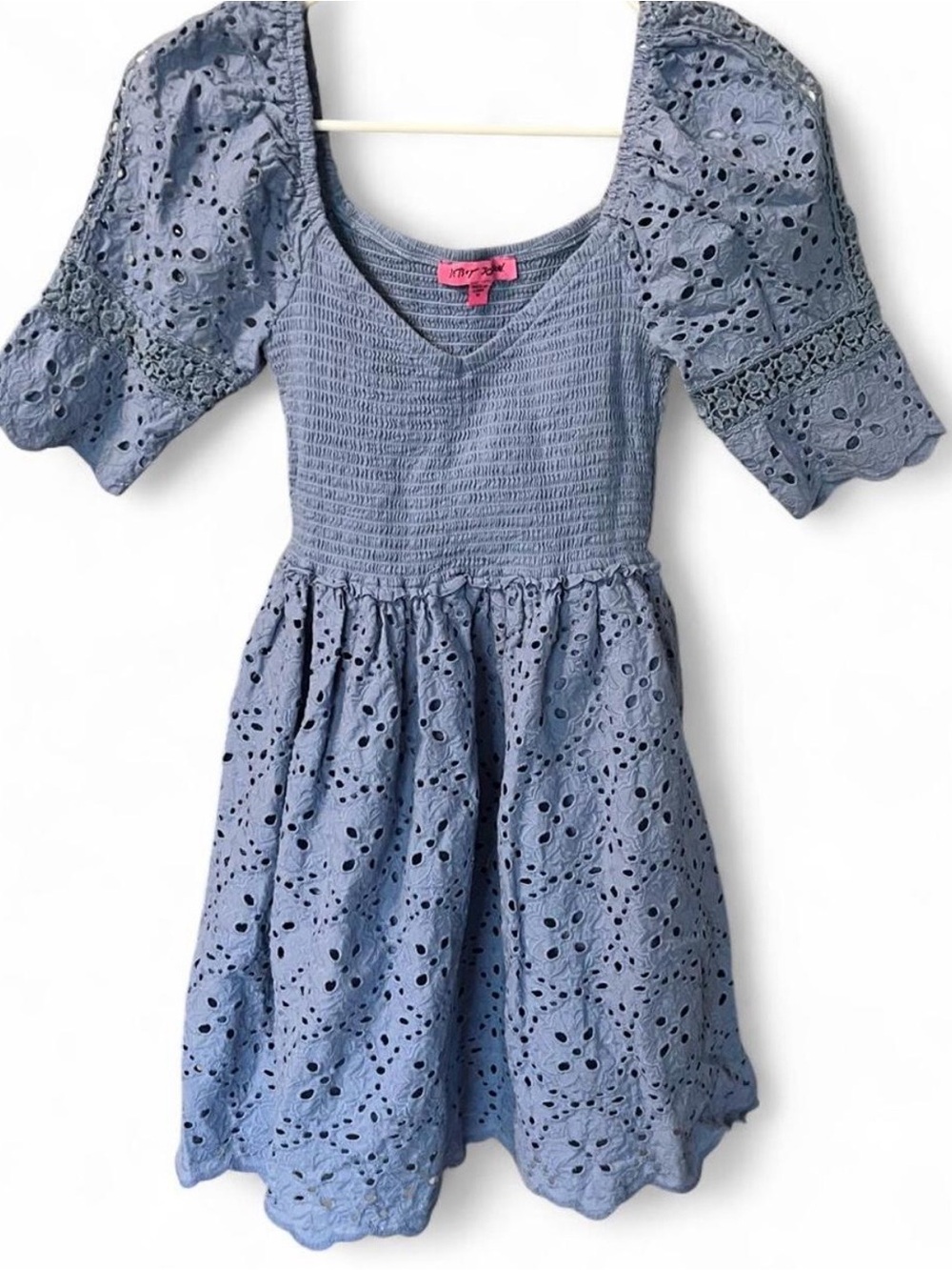 Betsey Johnson Eyelet Embroidered Dress- Dusty Blue